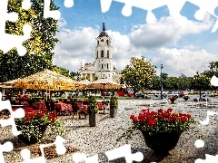 trees, Church, Flowerpots, Restaurant, Vilnius, viewes, With geraniums