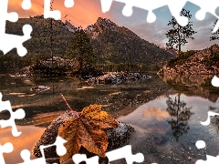 Alps, Mountains, Lake Hintersee, rocks, Bavaria, Germany, viewes, Great Sunsets, trees