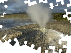 geyser, water, clouds