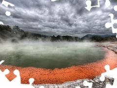 geyser, clouds, Mountains