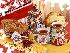 danishes, cups, ginger, jam, Cookies, tea