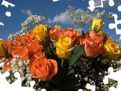 Flowers, roses, Gipsówka, bouquet