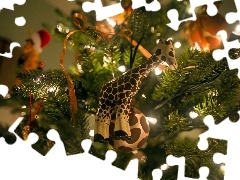 christmas tree, lights, giraffe, ornamentation