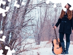 girl, Guitar, forest, snow, winter