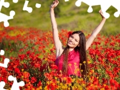 Meadow, smiling, girl, papavers