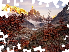 Snowy, Mountains, autumn, trees, Fitz Roy Mountain, Los Glaciares National Park, Argentina, Patagonia, viewes