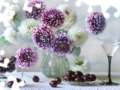 beatyfull, cherries, glass, dahlias