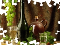 Grapes, Wine, glass, Bottles