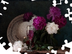 glass, Peonies, Hat