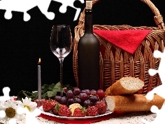 basket, Fruits, glasses, Wine