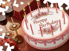Cake, candles, glasses, birthday
