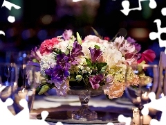 glasses, bouquet, flowers