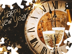 New Year, Champagne, glasses, Clock