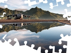 Globemaster III, Boeing, water, reflection, Mountains, C-17