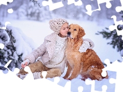 Golden Retriever, Snowy, winter, trees, snow, dog, girl, viewes
