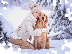 Golden Retriever, snow, viewes, winter, trees, dog, girl, Snowy