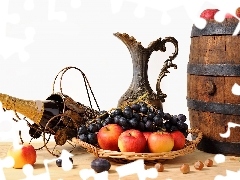 Grapes, apples, Bottle, Wines, barrel