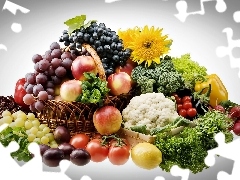Flowers, Fruits, Grapes, plums, apples, vegetables