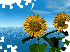 graphics, Computer, sea, Nice sunflowers, Sky