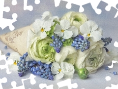 Muscari, bouquet, glaucoma, graphics, pansies, Flowers