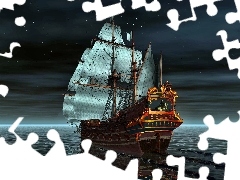 sailing vessel, Night, graphics, sea