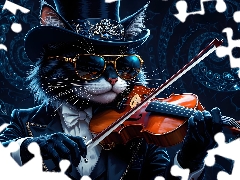 Glasses, cat, clothes, graphics, cylinder, violin