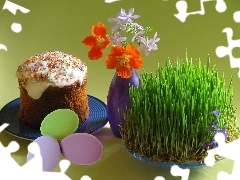 grass, Flowers, cake, Easter, eggs