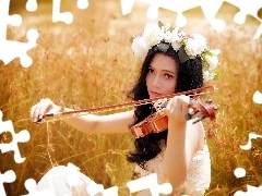 girl, Meadow, grass, violin