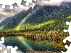 lake, Great Rainbows, grass, Mountains