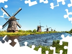 grass, Windmills, River