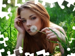 sad, Meadow, grass, girl