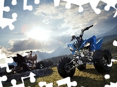 grass, Sky, Quady, boulders, Two cars