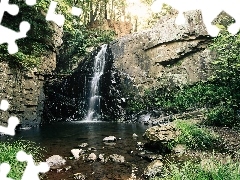 grass, waterfall, trees, viewes, rocks