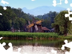 grass, Windmills, trees, viewes, River