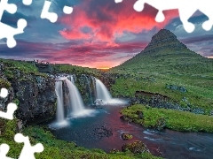 Mountains, waterfall, bridges, iceland, Great Sunsets, River