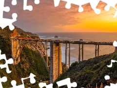 Coast, Big Sur Region, The United States, Great Sunsets, California, Bixby Creek Bridge, sea, clouds