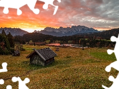 clouds, car in the meadow, Great Sunsets, viewes, trees, Bavaria, Houses, Karwendel Mountains, Germany, Sheds, woods, Geroldsee Lake