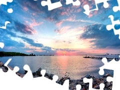 lake, Platform, Great Sunsets, Stones