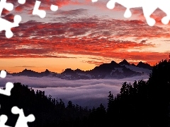 Mountains, Fog, Great Sunsets, clouds