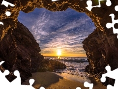 sea, rocks, Great Sunsets, cave