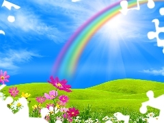 Sky, Flowers, Great Rainbows, Meadow