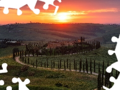 Way, Houses, trees, viewes, Tuscany, Italy, Great Sunsets, The Hills, cypresses