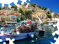 Boat, Hill, Greece, Houses