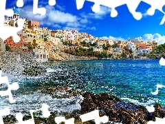 Houses, rocks, Greece, sea