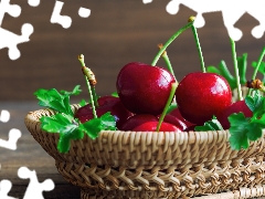 cherries, green ones, basket, leaves