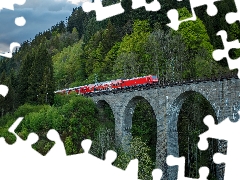 bridge, slope, trees, Red, viewes, mountains, green ones, Train, overpass, forest