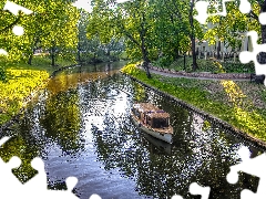 green ones, River, viewes, Motor boat, Park, trees, house