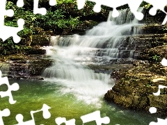 green, waterfall, rocks