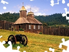 church, forest, gun, Mountains