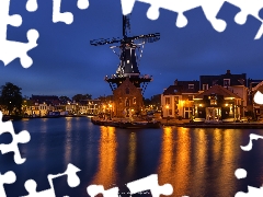 Spaarne River, Houses, Haarlem, Netherlands, Night, Windmill